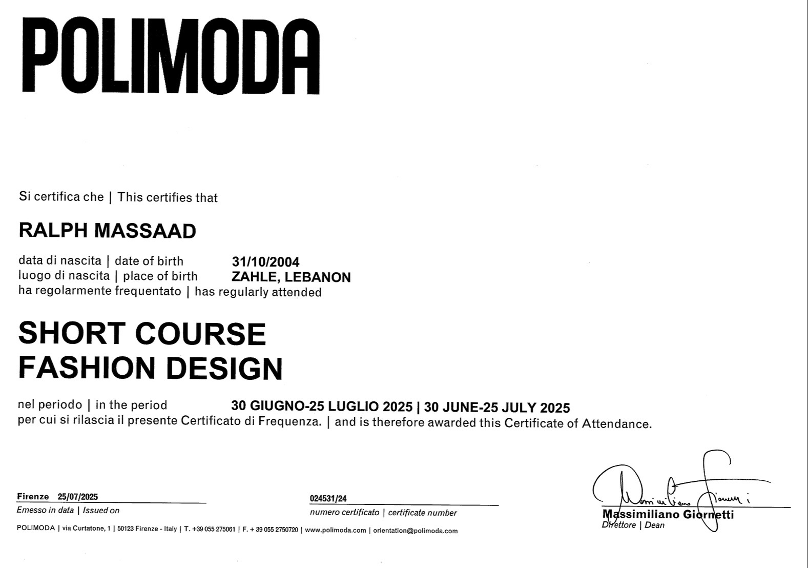 Polimoda — Short Course Fashion Design certificate